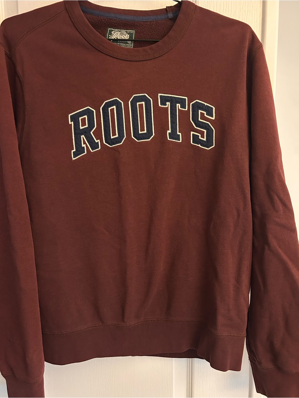 Roots Women's Crewneck Sweatshirt in Burgundy with Navy Logo